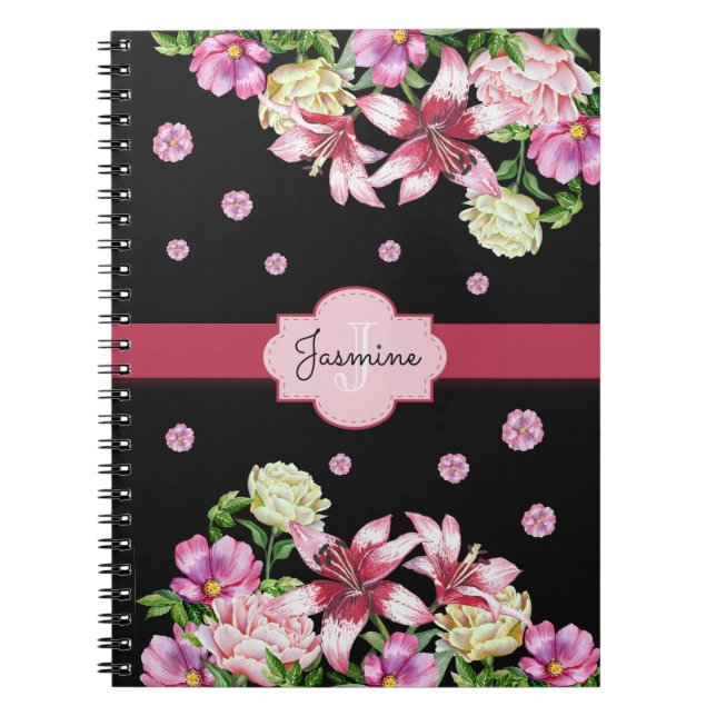 Lily & Peony Floral Black Spiral Notebook (Front)