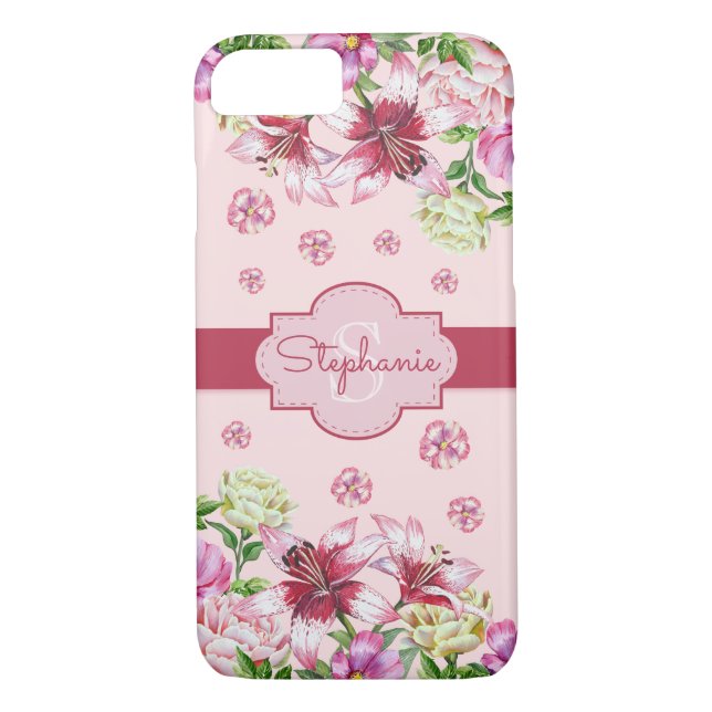 Lily Peony Floral Blush Pink Monogram Case-Mate iPhone Case (Back)