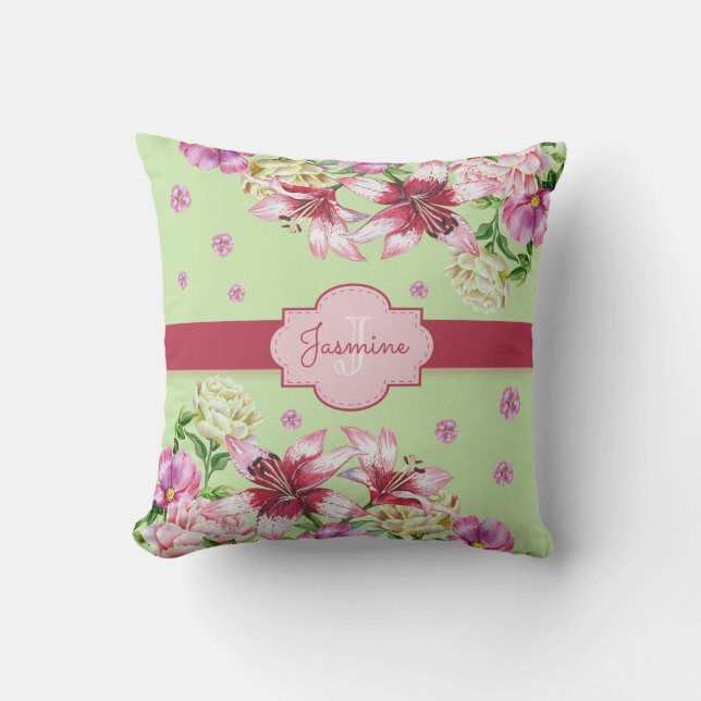 Lily & Peony Floral Mint Cushion (Front)