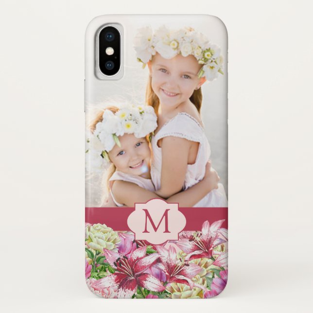 Lily Peony Floral Monogram Photo Case-Mate iPhone Case (Back)