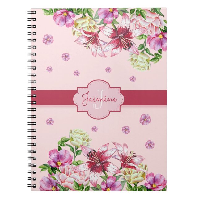 Lily & Peony Floral Pink Spiral Notebook (Front)