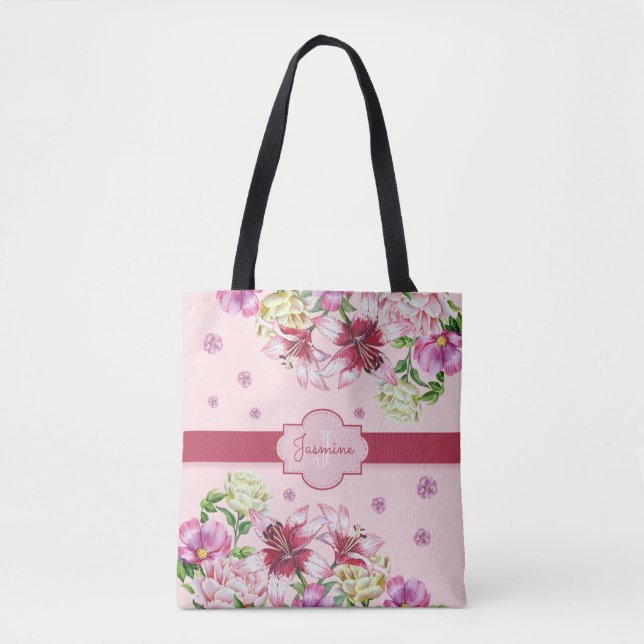 Lily & Peony Floral Pink Tote Bag (Front)