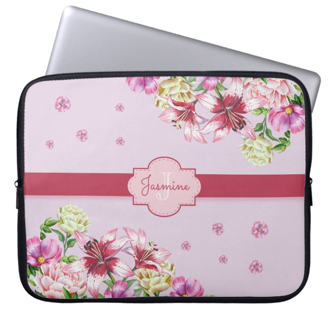 Lily & Peony Floral Purple Laptop Sleeve (Front)