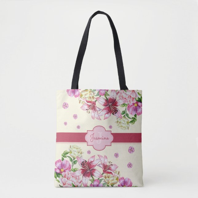 Lily & Peony Floral Yellow Tote Bag (Front)