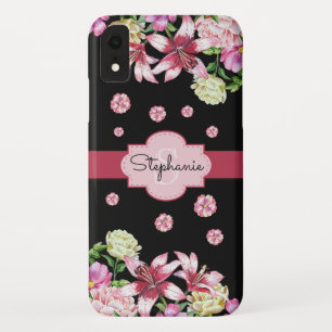 Lily Peony Watercolor Floral Black Monogram Case-Mate iPhone Case