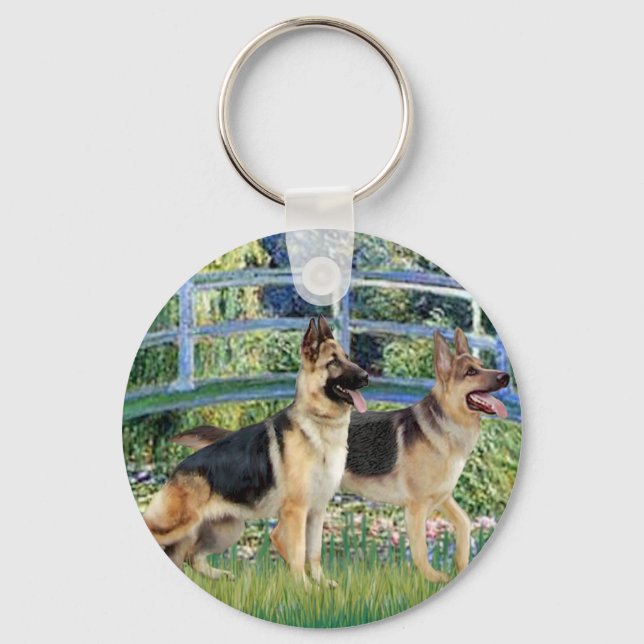 Lily Pond Bridge - Two German Shepherds Key Ring (Front)