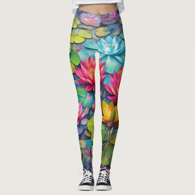 Lily Pond Floral Leggings – Elegant Water Lily  (Front)