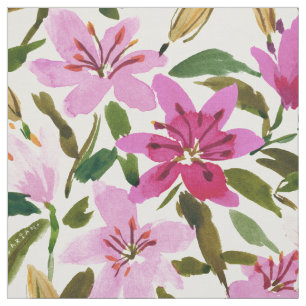 LILY PROLIFERATION Pink Floral Watercolor  Fabric