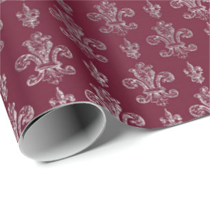 Lily Royal Damask Maroon Burgundy Silver Wrapping Paper