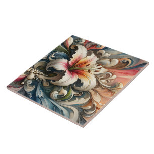 Lily Surrounded by Colourful Swirling Patterns Tile
