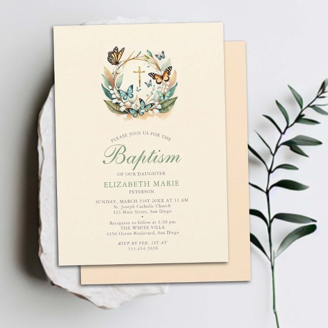 Lily Valley Butterflies Cross Wreath Girl Baptism Invitation (butterfly baptism invitation lily valley elegant formal modern classic whimsical magical floral gold)