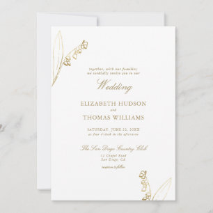 Lily Valley Floral Sketch Faux Gold Simple Wedding Invitation