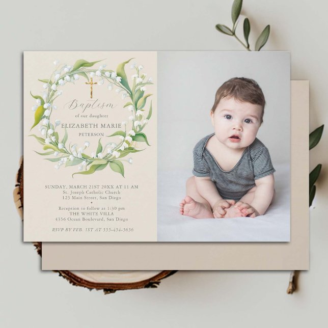 Lily Valley Gold Cross Formal Chic Photo Baptism Invitation (child baptism invitation photo lily valley floral wreath watercolor christening)