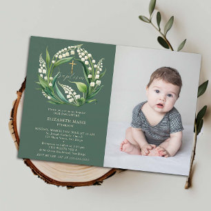 Lily Valley Green Gold Formal Chic Photo Baptism Invitation
