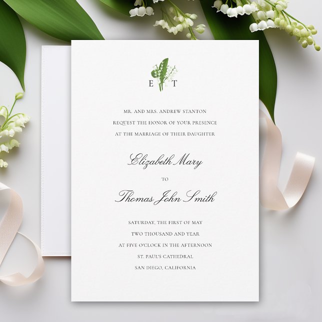 Lily Valley Monograms Formal Traditional Wedding Invitation (lily of the valley wedding invitation formal traditional calligraphy monograms art unique classy)