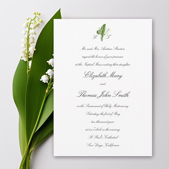 Lily Valley Religious Formal Traditional Wedding Invitation (lily of the valley wedding invitation formal traditional calligraphy monograms religious catholic)