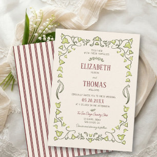 Lily Valley Vintage Nouveau Burgundy Green Wedding Invitation