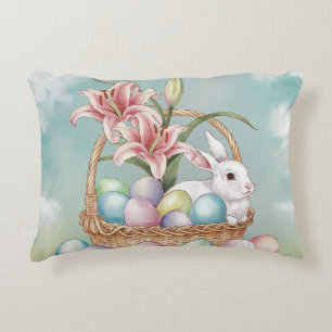 Lily Watercolor & Pastel Eggs with Bunny in Basket Decorative Cushion