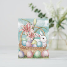 Lily Watercolor & Pastel Eggs with Bunny in Basket