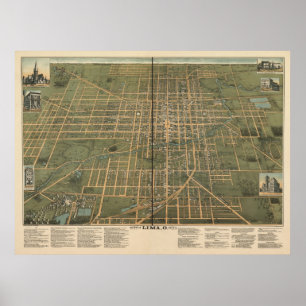 Lima Ohio 1892 Antique Panoramic Map Poster