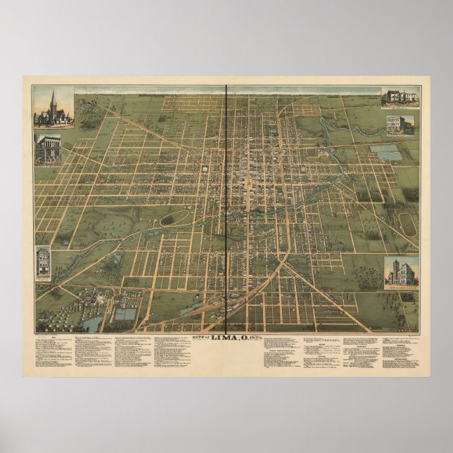 Lima Ohio 1892 Antique Panoramic Map Poster (Front)