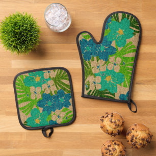 Limahuli Garden Hawaiian Faux Texture Turq Oven Mitt & Pot Holder Set
