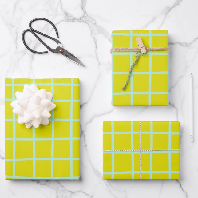 Lime and Aqua Abstract Grid Lines Pattern  Wrapping Paper Sheet (Front)