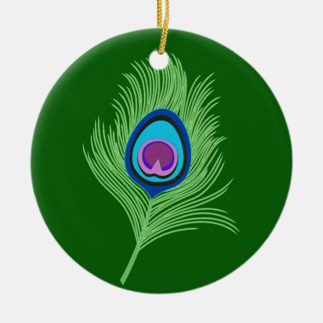 Lime and Blue Peacock Feather on Emerald Green Ceramic Tree Decoration (Front)