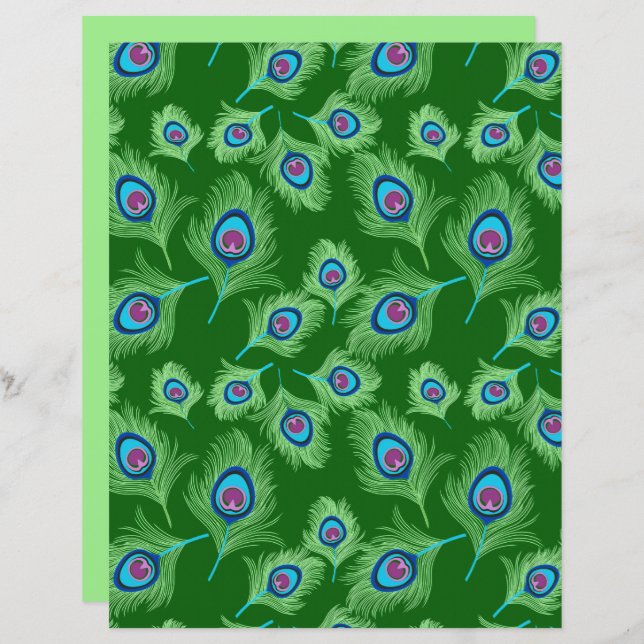 Lime and Blue Peacock Feathers on Emerald Green  (Front/Back)