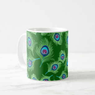 Lime and Blue Peacock Feathers on Emerald Green  Coffee Mug