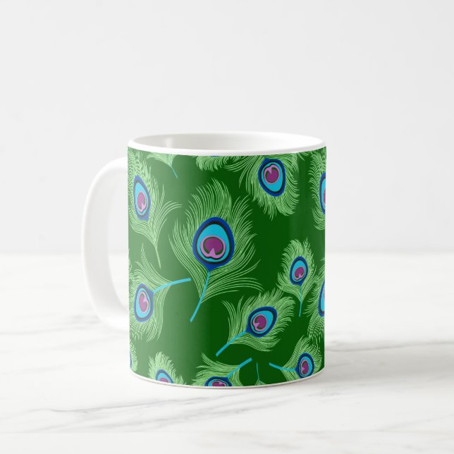 Lime and Blue Peacock Feathers on Emerald Green  Coffee Mug (Front Left)