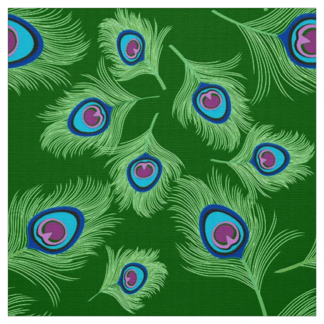 Lime and Blue Peacock Feathers on Emerald Green Fabric (Swatch)