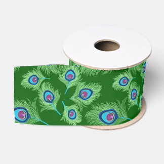 Lime and Blue Peacock Feathers on Emerald Green Grosgrain Ribbon