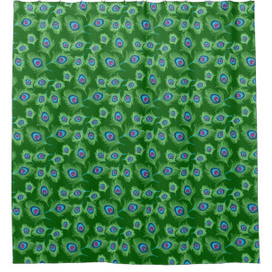 Lime and Blue Peacock Feathers on Emerald Green Shower Curtain