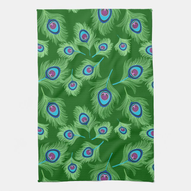 Lime and Blue Peacock Feathers on Emerald Green  Tea Towel (Vertical)