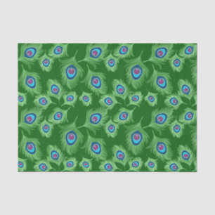 Lime and Blue Peacock Feathers on Emerald Green Tissue Paper