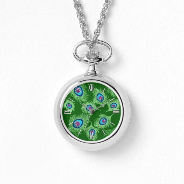 Lime and Blue Peacock Feathers on Emerald Green Watch (Front)