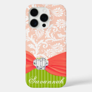 Lime and Coral Faux Rhinstone Personalise Damask iPhone 16 Pro Case