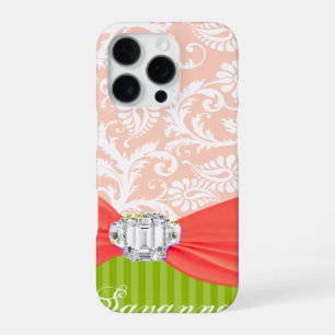 Lime and Coral Faux Rhinstone Personalise Damask iPhone 16 Pro Case