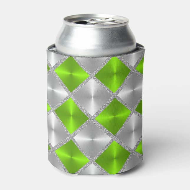 Lime and Grey with Silver Squares Can Cooler (Can Front)