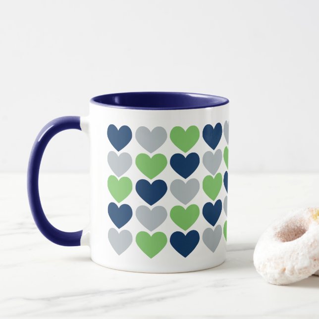 Lime and Navy Blue Hearts Coffee Mug (With Donut)