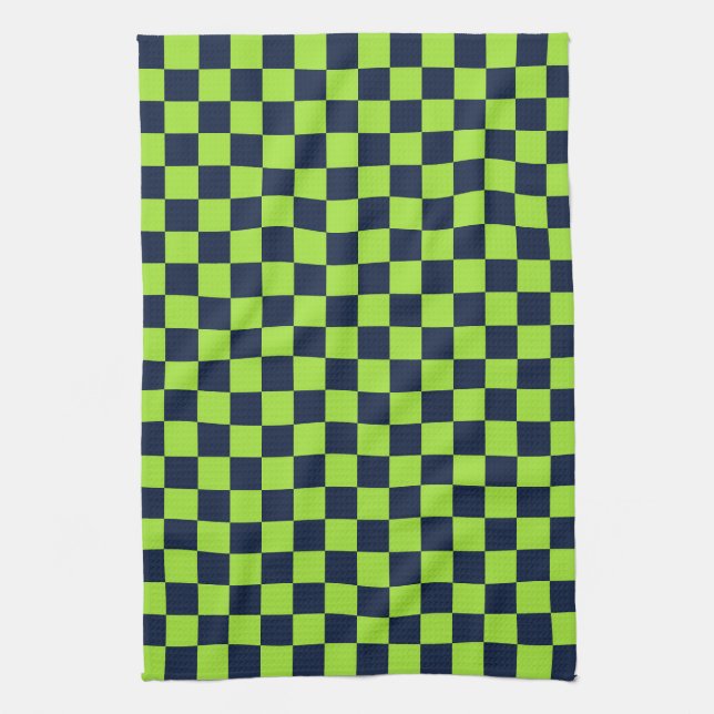 Lime and navy checkerboard pattern tea towel (Vertical)