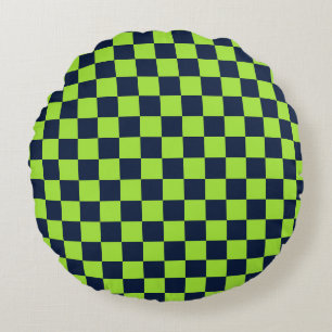 Lime and navy chequerboard pattern round cushion