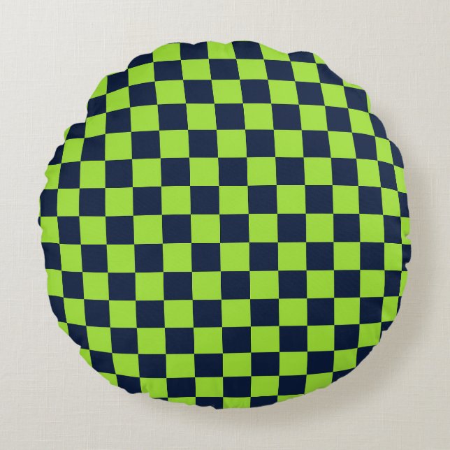 Lime and navy chequerboard pattern round cushion (Front)