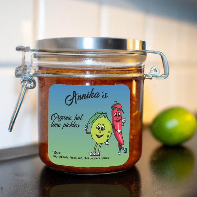 Lime and Pepper Pals Funny Cartoon Lime Pickle Square Sticker (Creator Uploaded)