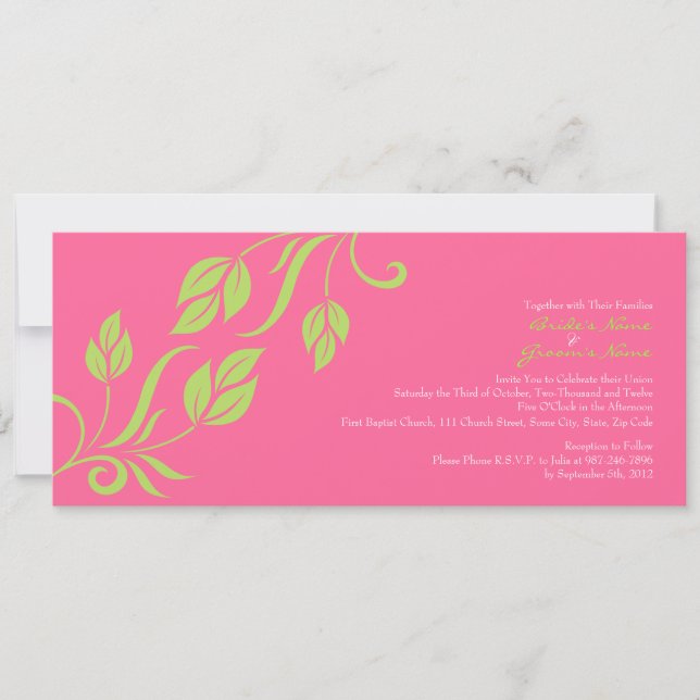 Lime and Pink Floral Leaves Wedding Invitation (Front)