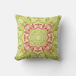Lime and Pink Vintage Floral Pattern Damask Cushion