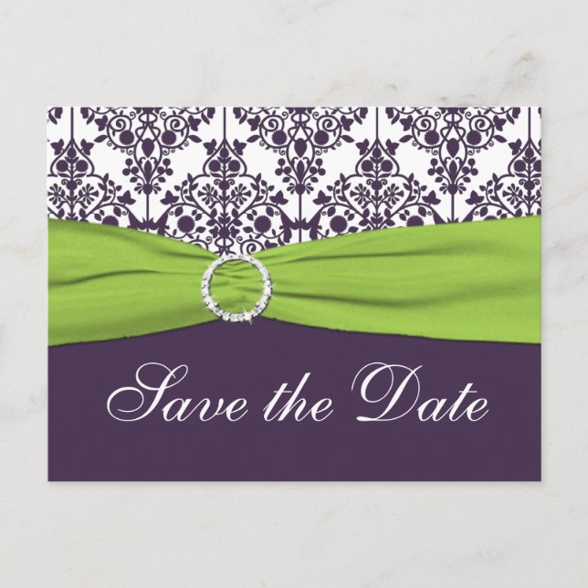 Lime and Purple Damask Save the Date Postcard (Front)