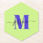 Lime and Purple Personalised Monogram Coasters<br><div class="desc">Personalised monogram coasters with lime and purple colour duo. Features first name and last initial in flowy script over bold serif typography. Accent your decor with custom coasters!</div>