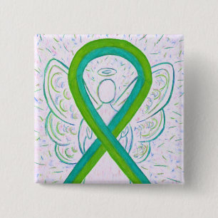 Lime and Teal Awareness Ribbon Angel Button Pins